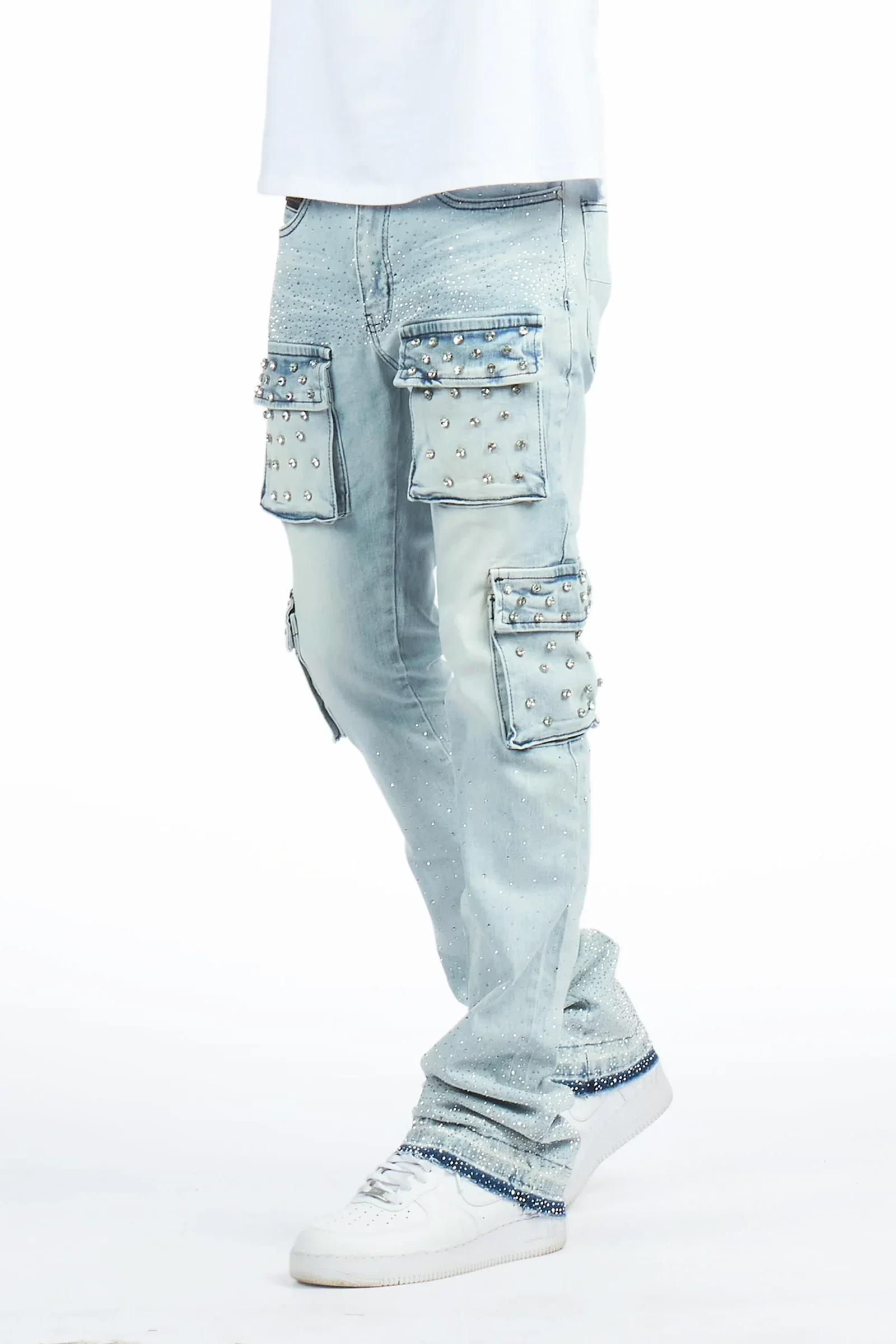 Image of Arman Light Blue Rhinestone Stacked Fit Jean