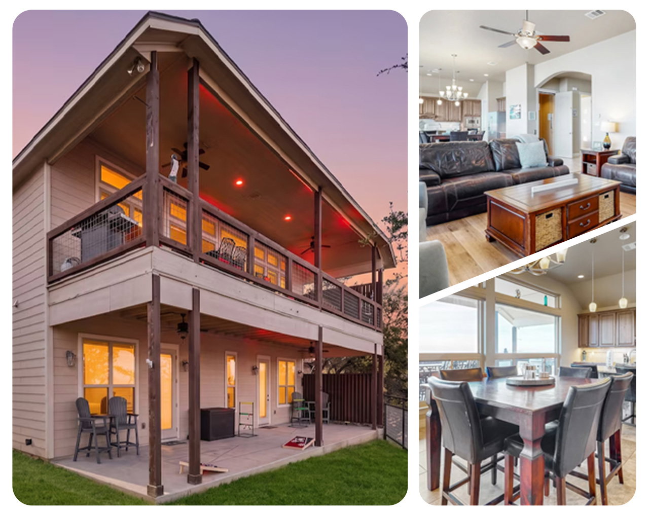 Two-story home with wraparound balcony at dusk; interior living and dining rooms.