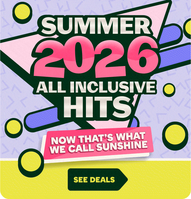 Light purple background, palm tree silhouettes, pink triangle, periwinkle rounded rectangle, yellow and blue circles with dark outlines, 'SUMMER 2026 ALL INCLUSIVE HITS!' white and pink bold text, pink banner 'NOW THAT'S WHAT WE CALL SUNSHINE', yellow bottom section and dark green arrow button 'SEE DEALS'.