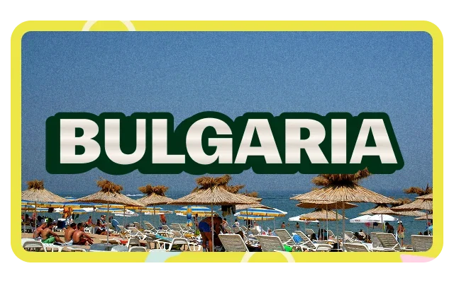 Bright yellow border, 'BULGARIA' white bold text with dark teal outline, clear blue sky gradient, crowded beach resort, thatched straw beach umbrellas, beige-tan natural colour, white plastic sun loungers, beachgoers, blue ocean water, horizon line and summer vacation atmosphere.