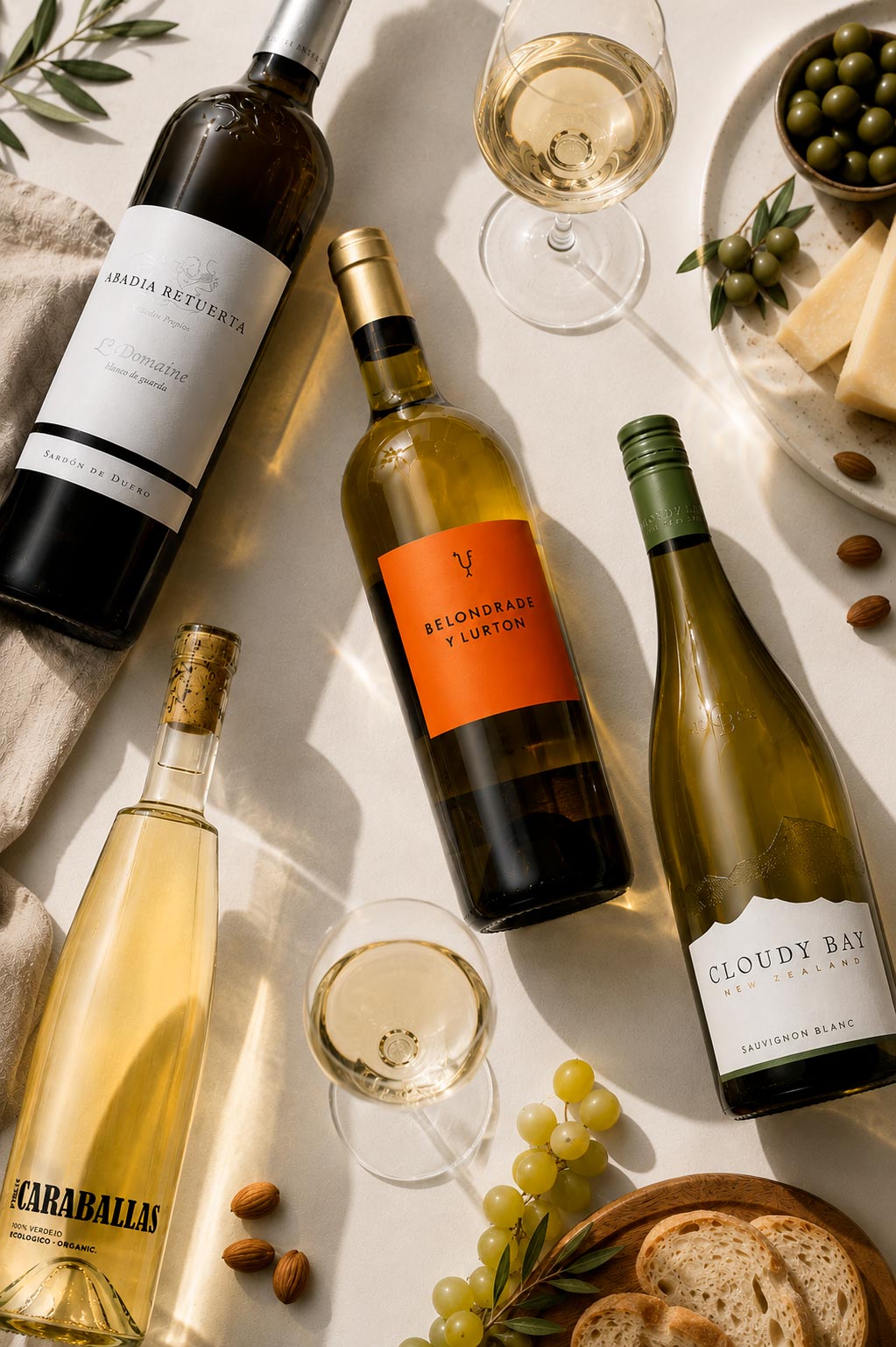 Overhead shot of white wine bottles and glasses with cheese board, olives, grapes, bread and almonds on a light table