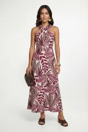Palm Print Twist Neck Maxi Dress