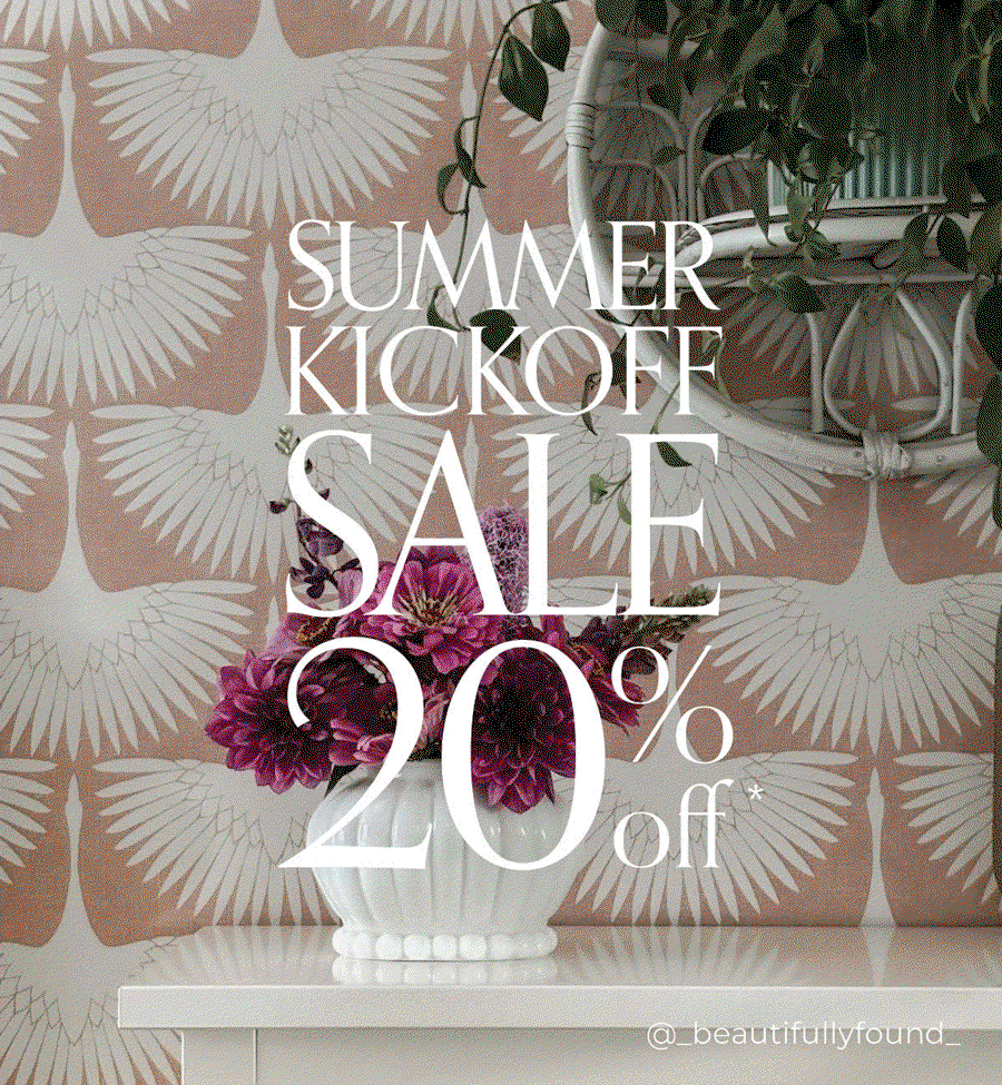 Gif image showing multiple customer photos of Tempaper wallpaper installed in their home. Text overlay "Summer Kickoff Sale 20% off*"