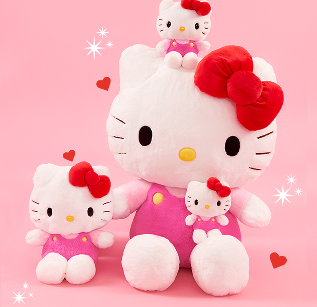 Hello Kitty Sanrio Classic Plush in Various Sizes against a pink background | Our Classic Series continues to be a fan-favorite for obvious reasons! Our recent release features Hello Kitty, My Melody, Kuromi, and Cinnamoroll in an extra-large 30" jumbo size—perfect for our biggest Sanrio fans.