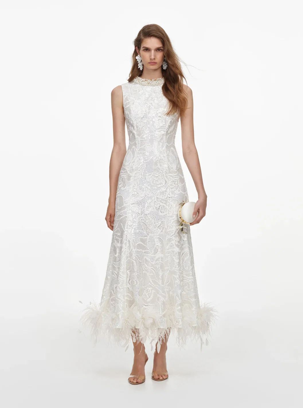 WHITE SEQUIN LACE FEATHER MIDI DRESS