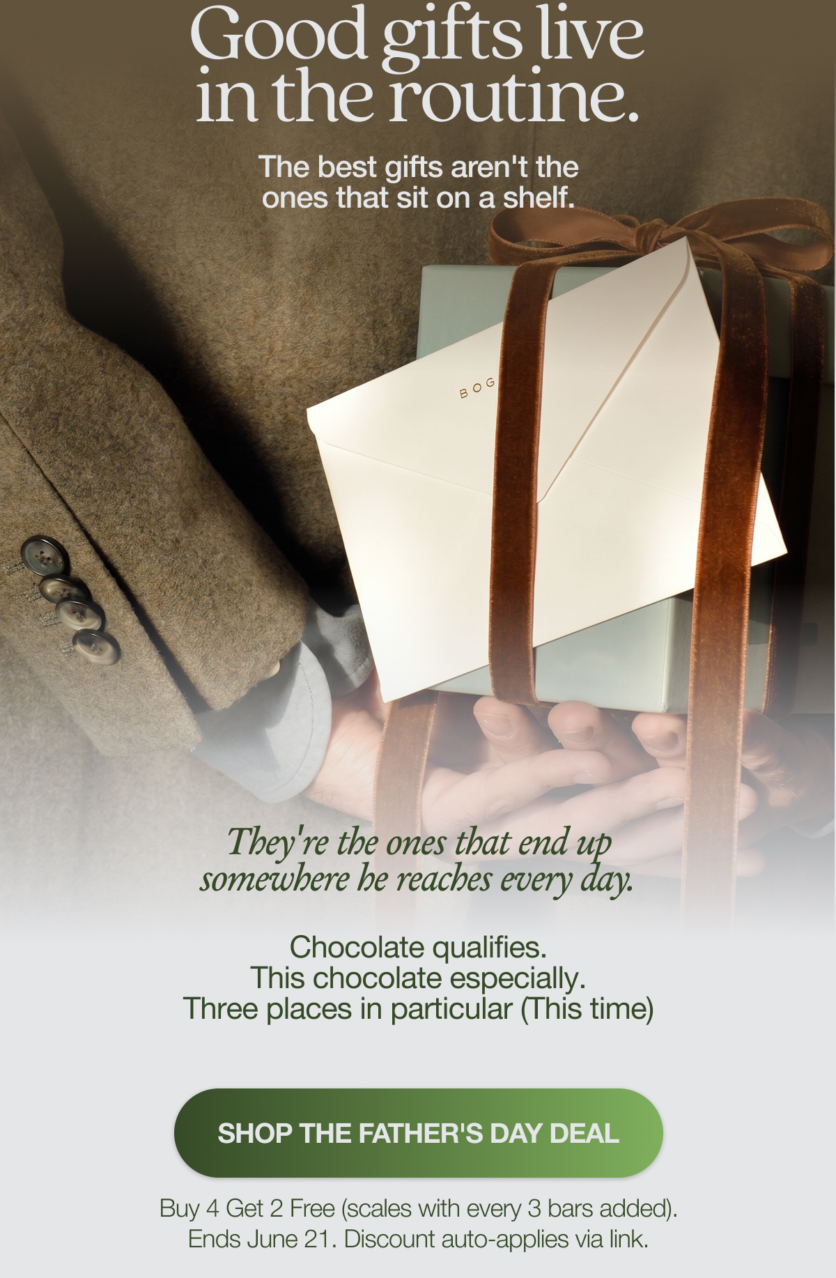 Good gifts live in the routine.  The best gifts aren't the ones that sit on a shelf. They're the ones that end up somewhere he reaches every day.   Chocolate qualifies. This chocolate especially. Three places in particular (This time) SHOP THE FATHER'S DAY DEAL