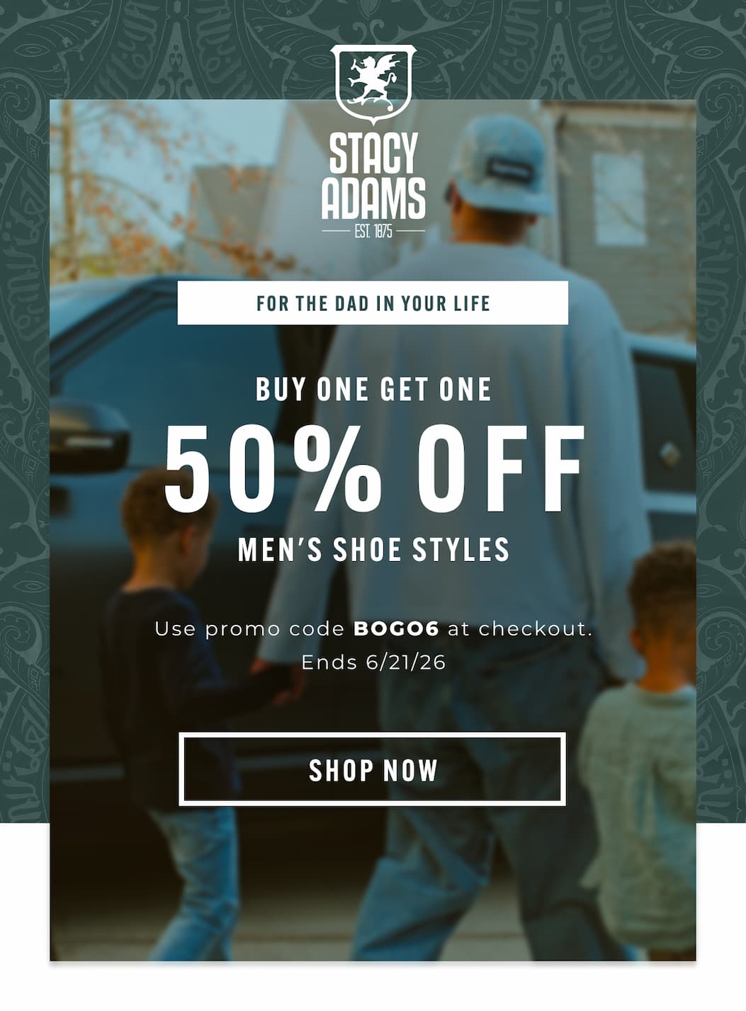 Buy one, get one 50% off men's shoe styles with promo code BOGO6. Display images to learn more.