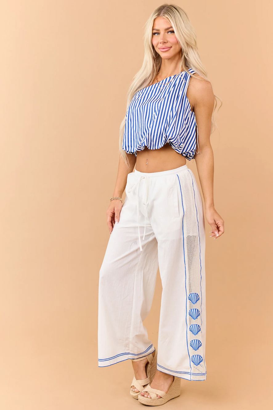 Ivory Open Knit Side Embroidered Shell Cotton Pants