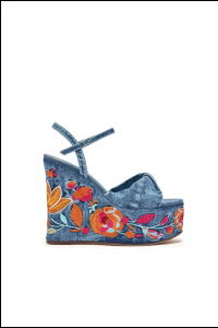 AZALEA WANG TIALA DENIM FLORAL EMBROIDERED STRAP WEDGE SANDAL