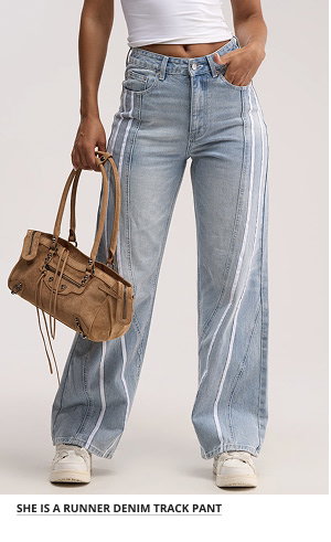 SHE IS A RUNNER DENIM TRACK PANT