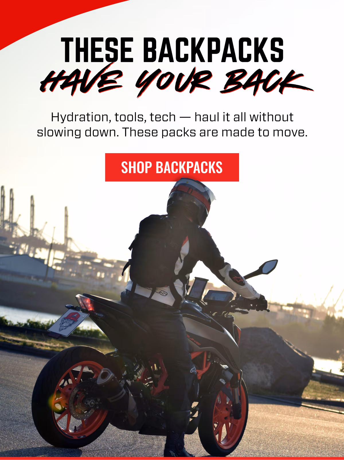 These backpacks have your back. Hydration, tools, tech - haul it all without slowing down. These packs are made to move. | SHOP BACKPACKS