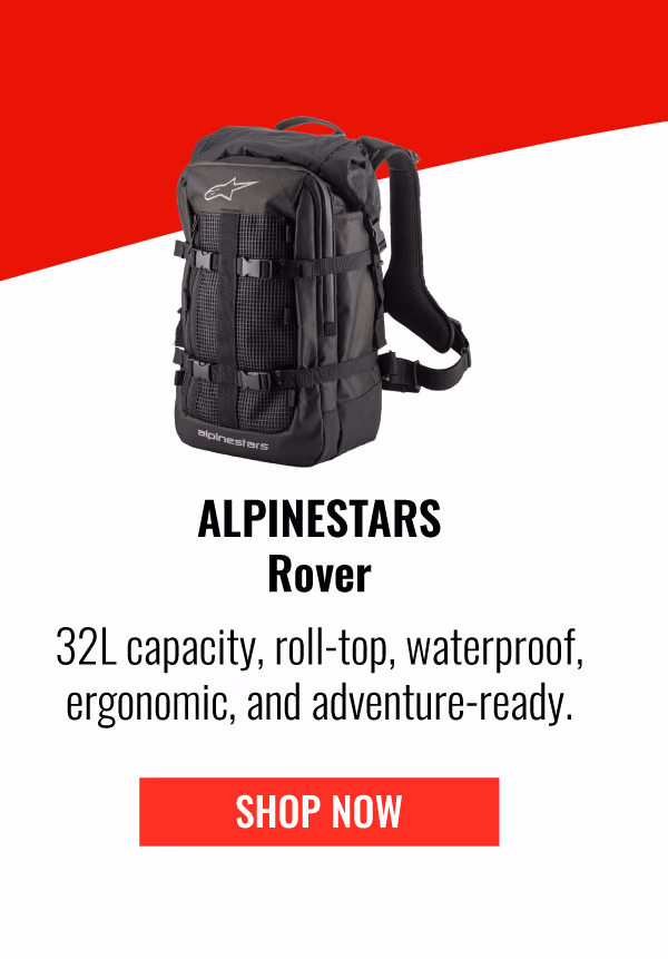 Alpinestars Rover | 32L capacity, roll-top, waterproof, ergonomic, and adventure ready | SHOP NOW