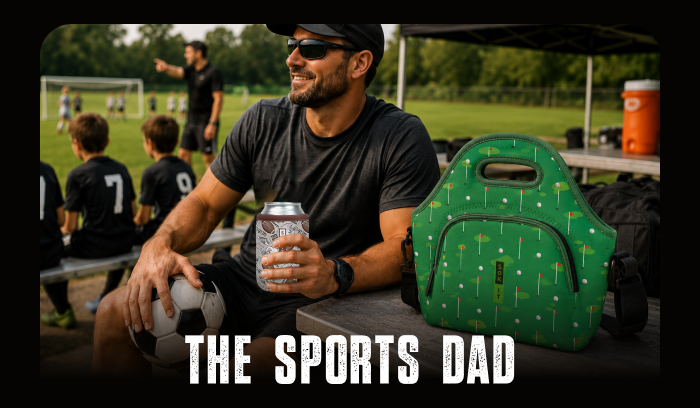 Dad relaxing at a sports field with a drink.