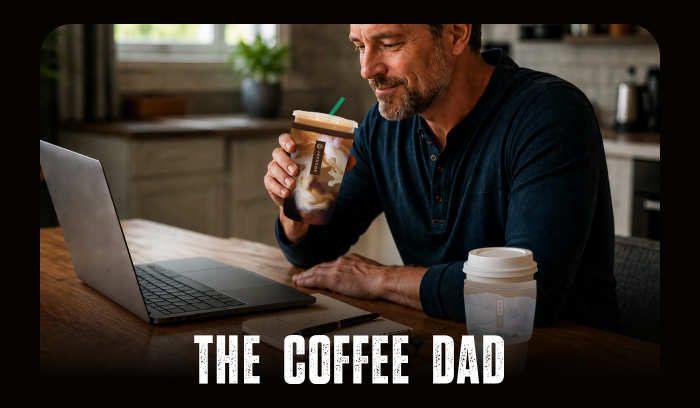 Dad enjoying coffee with a tumbler.