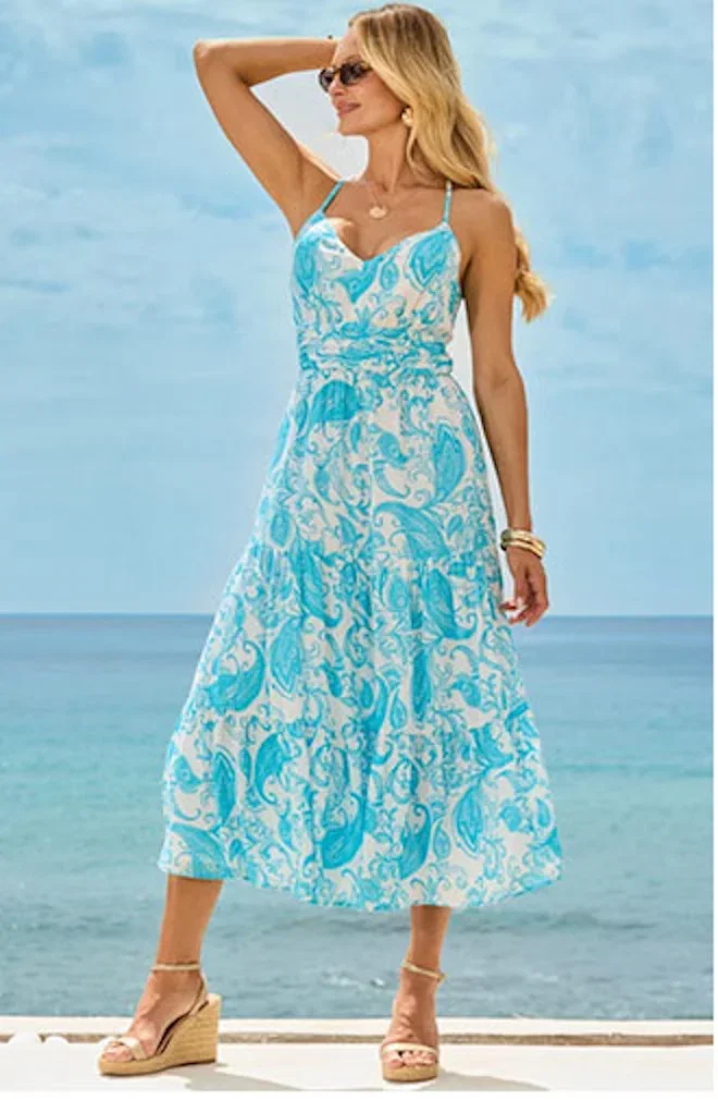 Blue & White Paisley Print Midaxi Dress
