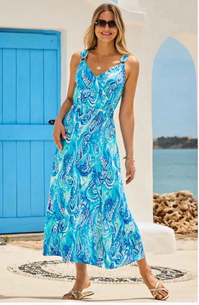 Blue Paisley Print Faux Wrap Midaxi Dress