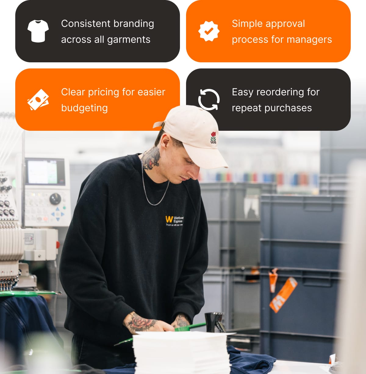 Consistent branding across all garments | Simple approval process for managers | Clear pricing for easier budgeting | Easy reordering for repeat purchases
