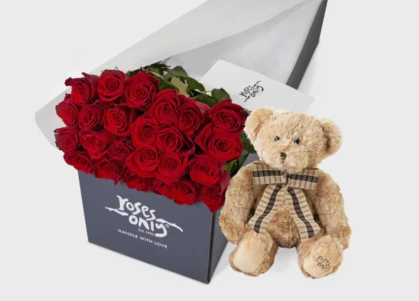 Image of Red Roses Gift Box 24 & Teddy Bear (ROA26-024)