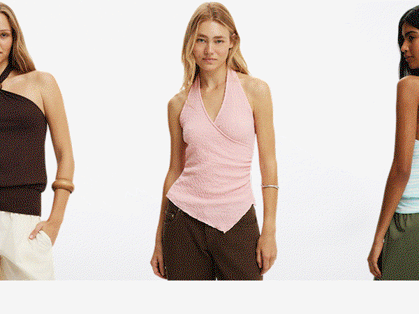 Three women modeling casual tops and bottoms in neutral tones