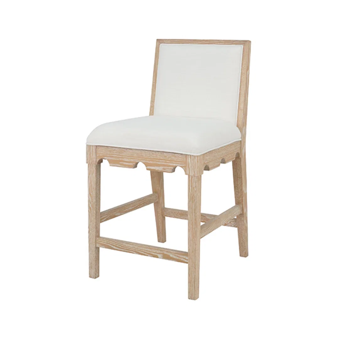 Square Back Counter Stool with Decorative Apron with Performance White Linen Upholstery