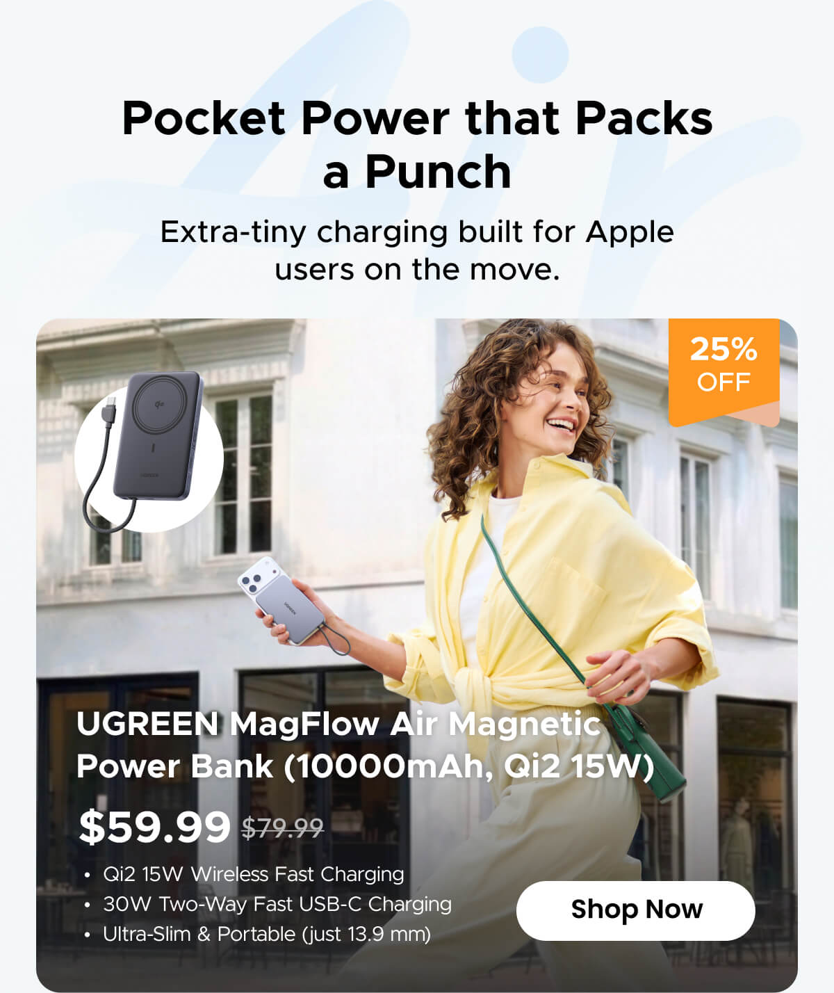 UGREEN MagFlow Air Magnetic Power Bank (10000mAh, Qi2 15W)
