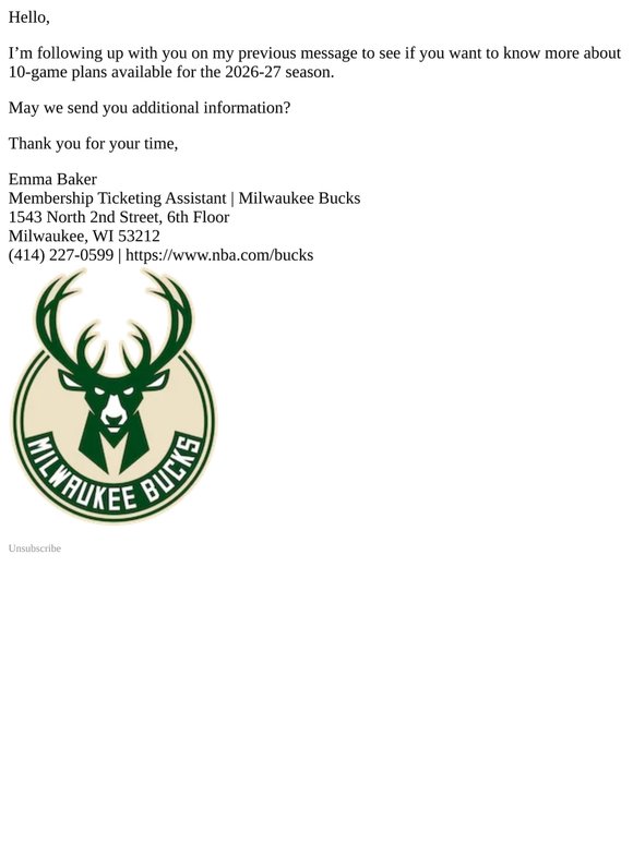 The Milwaukee Bucks would like to connect with you