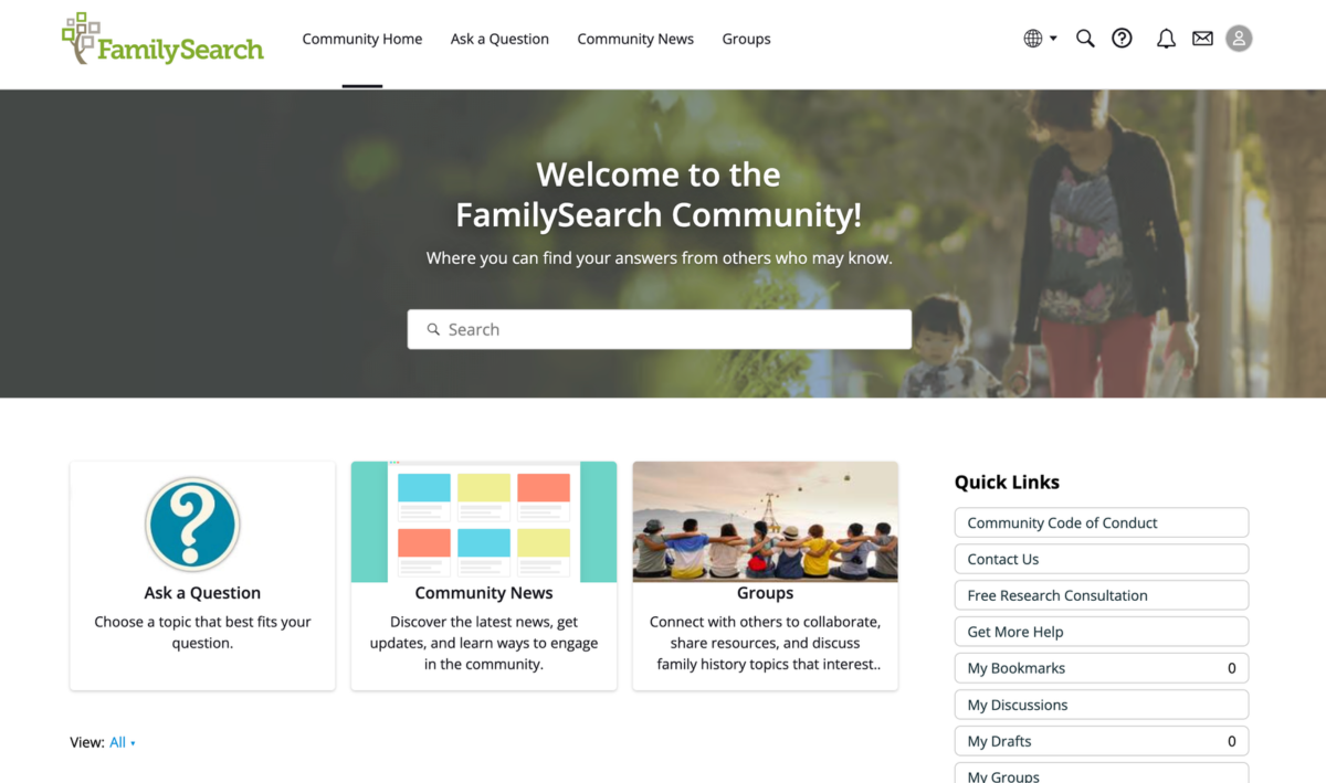 Screenshot of the FamilySearch Community homepage, featuring a welcome message, search bar, and sections where FamilySearch Community members can ask questions, read community news, join groups, and access quick links on the right.