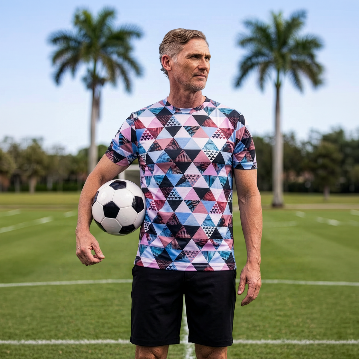 An adult man stands on a well-maintained outdoor soccer field holding a classic black and white soccer ball at his side. He wears a colorful geometric-patterned athletic shirt and black shorts. Tall palm trees and a blurred park-like background suggest a warm, sunny climate. The scene conveys a casual, sporty atmosphere before or after a game.