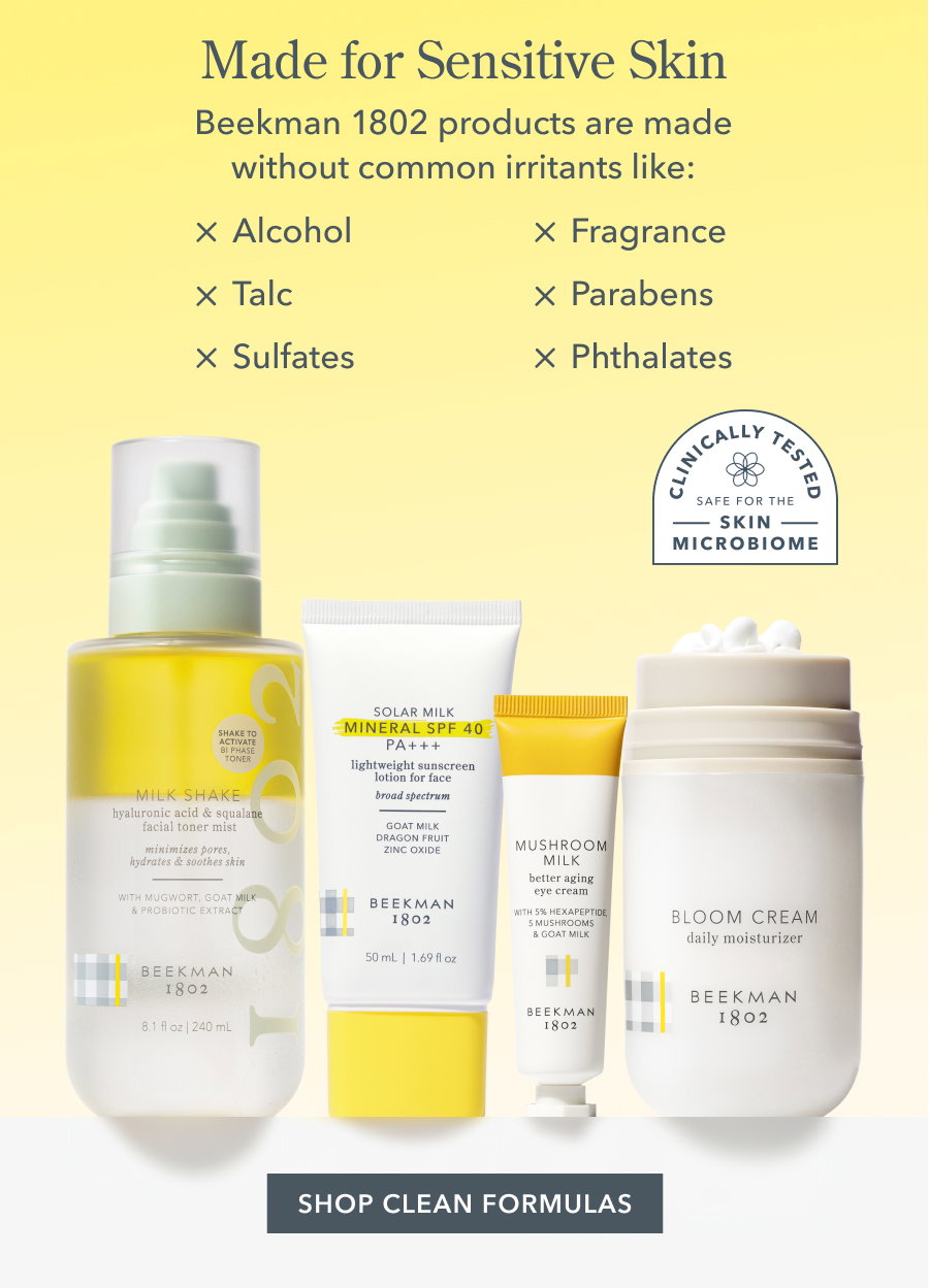 Made for Sensitive Skin Beekman 1802 products are made without common irritants like: X Alcohol x Talc x Sulfates X Fragrance X Parabens X Phthalates