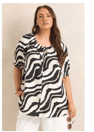 EVANS Curve Black Zebra Tie Neck Top