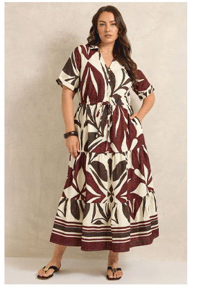 EVANS Curve Cream & Red Abstract Leaf Print Cotton Dress