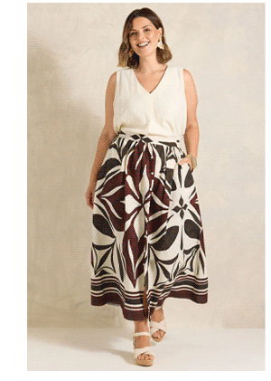 EVANS Curve Cream & Brown Abstract Print Cotton Skirt