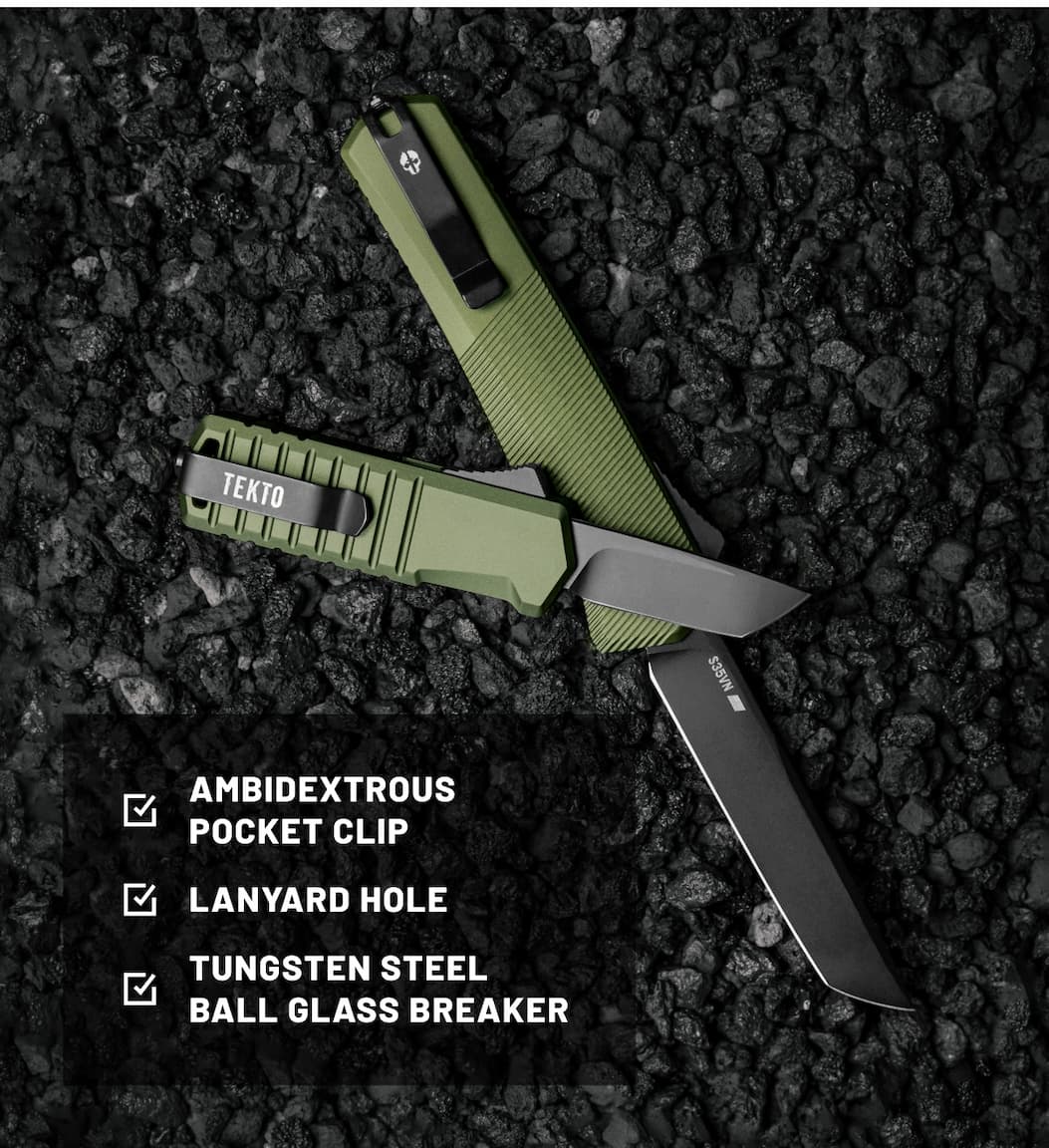 A2 Badger and A5 Spry on dark stone background with features: pocket clip, lanyard hole, glass breaker.