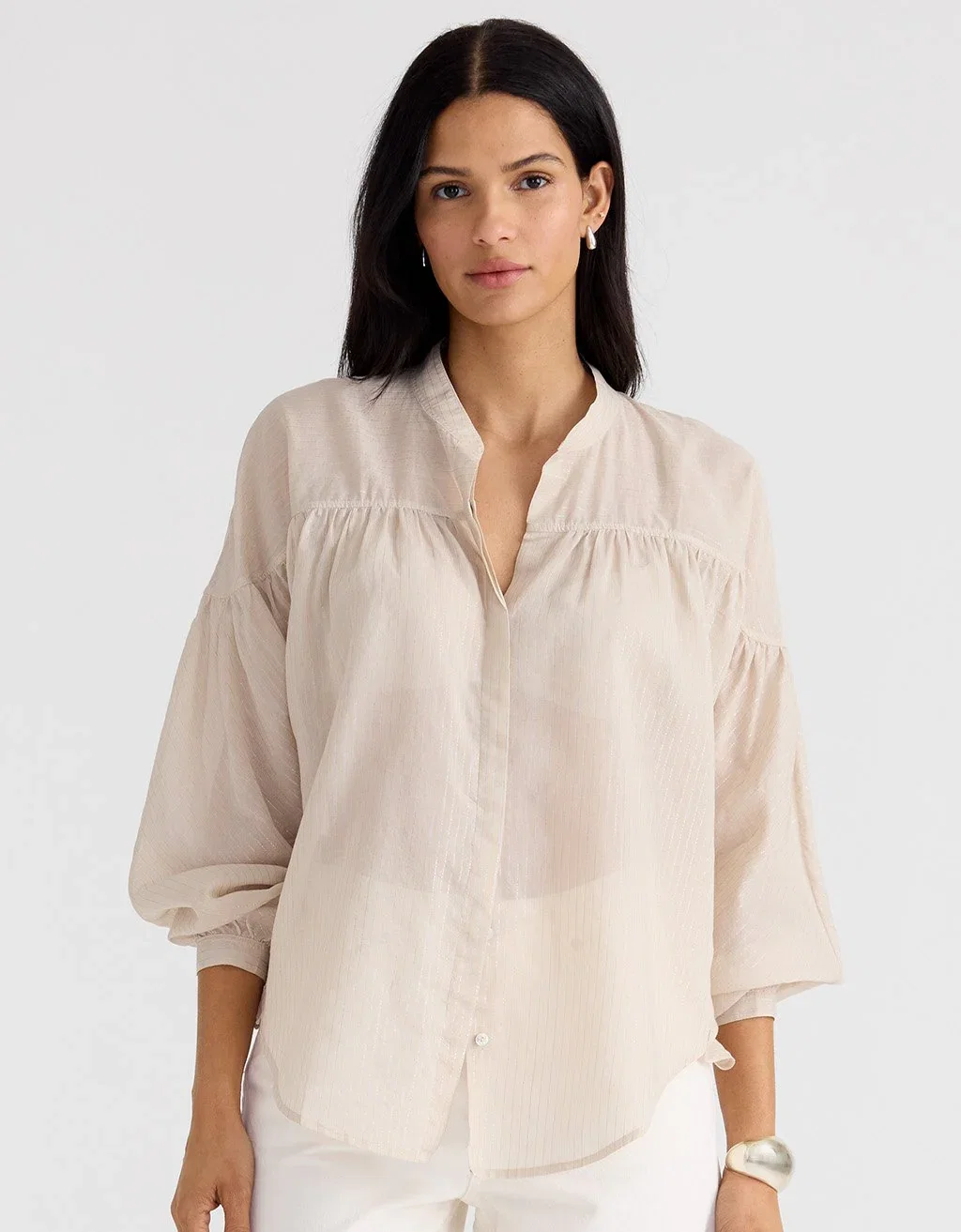 Image of Unsubscribed Shimmer Shirred Button Down Shirt