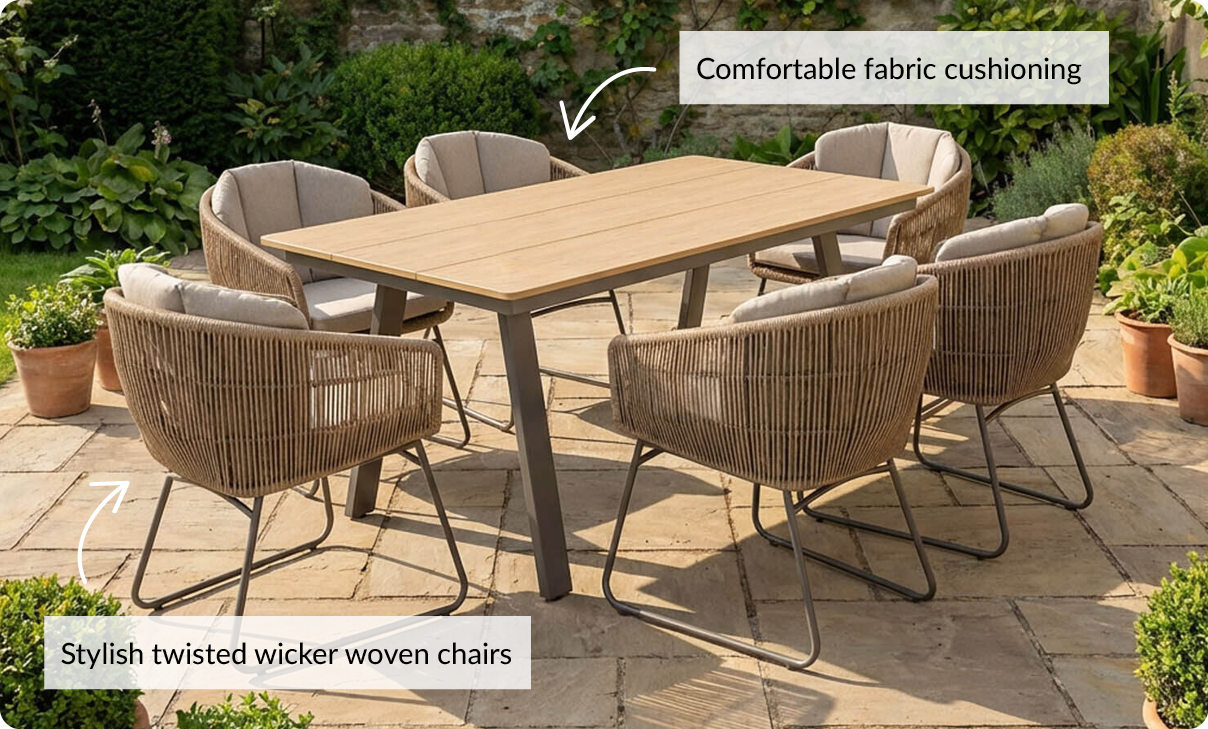Comfortable fabric cushioning. Stylish twisted wicker woven chairs. 