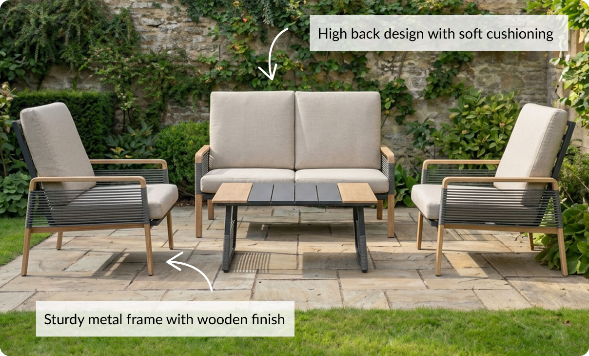 high back design with soft cushioning. Sturdy metal frame with wooden finish