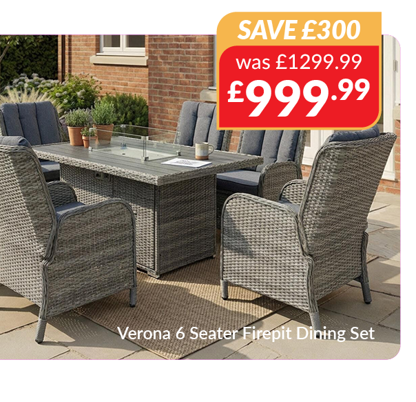 Verona 6 seater firepit dining set. Save £300 - was £1299.99 now £999.99