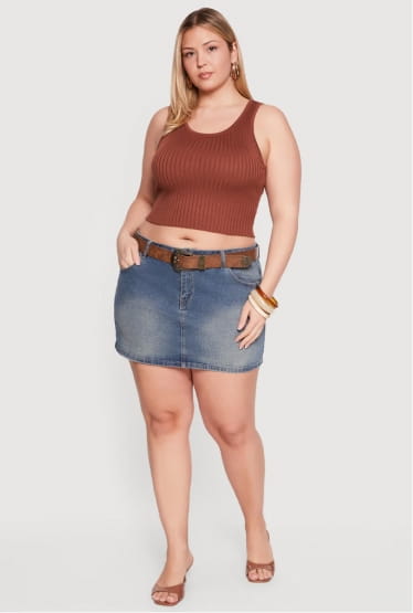 Shop Plus Size Almost Famous Belted Denim Mini Skirt