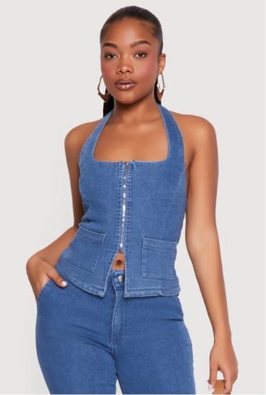 Shop Zip Front Denim Halter Top