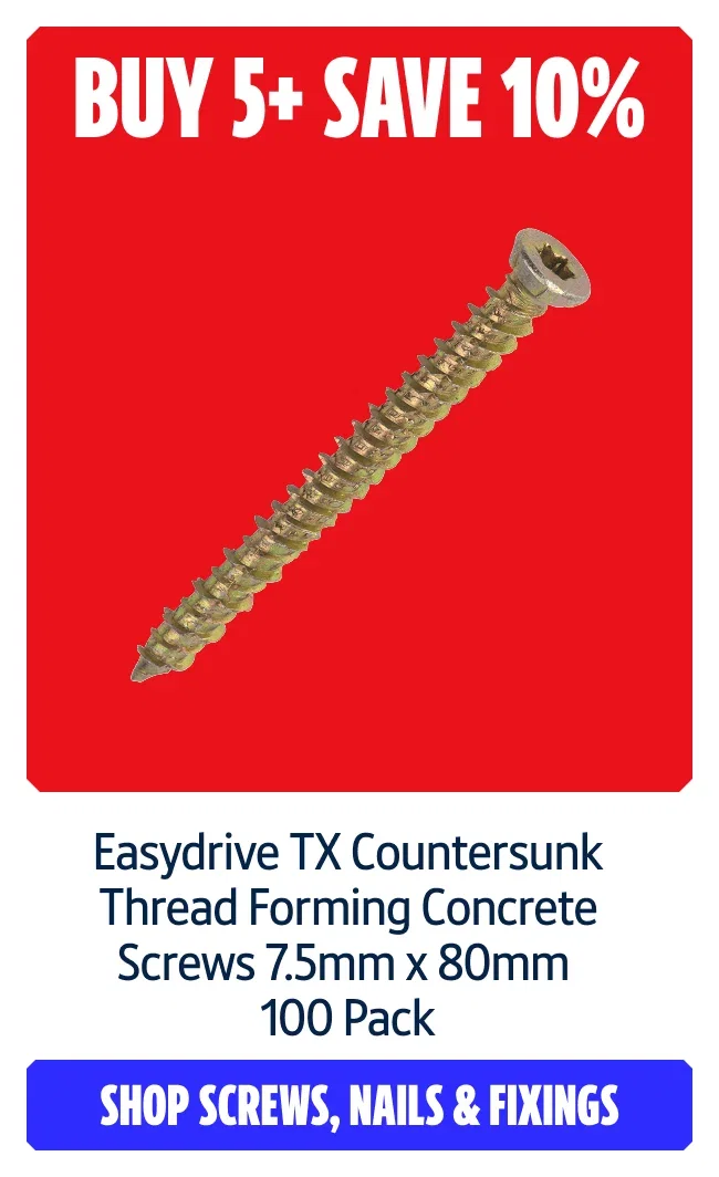 Buy 5+ save 10% on Easydrive TX Countersunk Thread Forming Concrete Screws 7.5mm x 100mm 100 Pack. Shop screws, nails and fixings