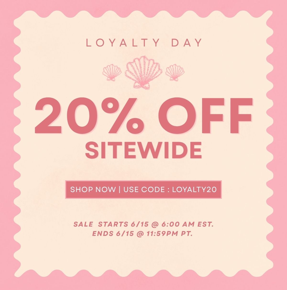 Loyalty Day 20% off sitewide. Shop now with code LOYALTY20.