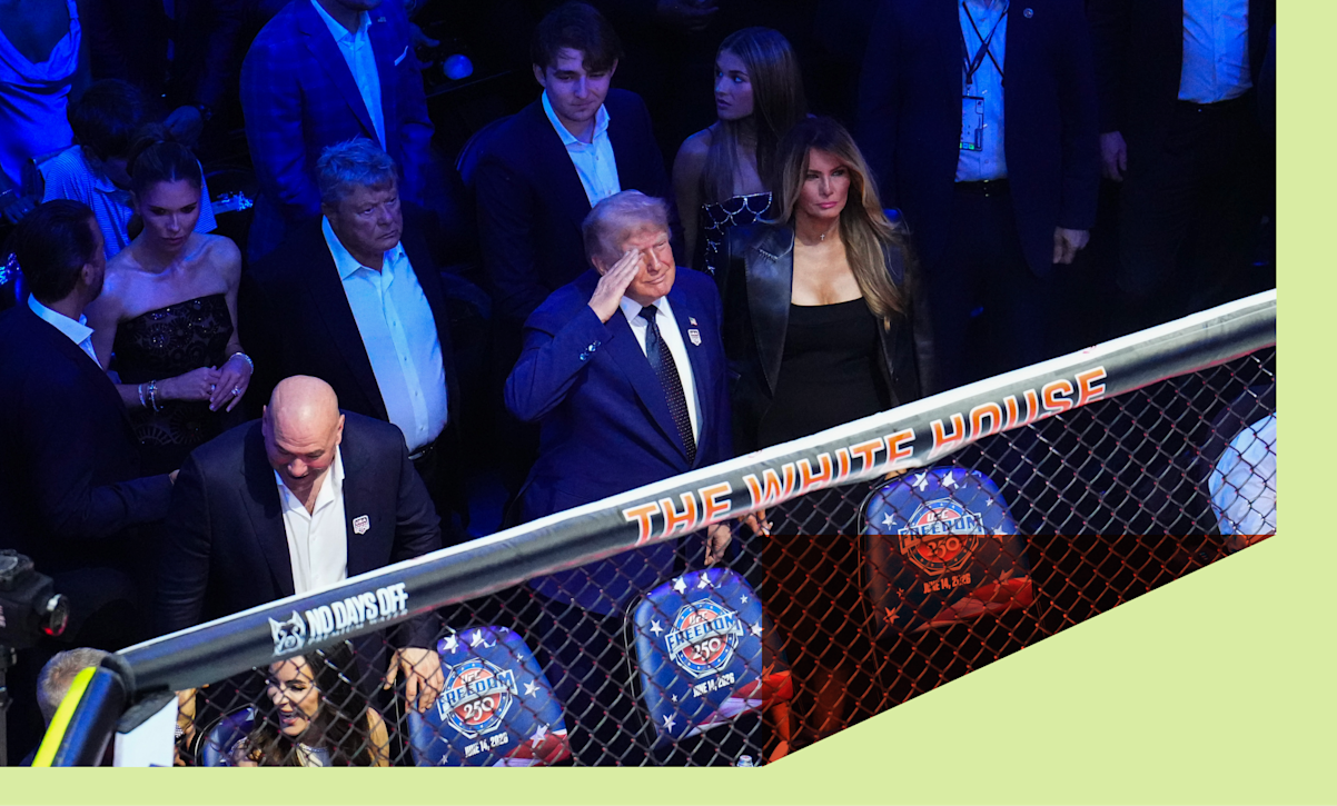 President Donald J. Trump salutes the crowd during the UFC Freedom 250 event on the South Lawn at the White House on June 14, 2026 in Washington, DC.