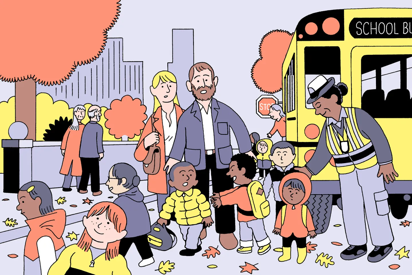 An illustration of children getting off a school bus | Pete Gamlen for Vox