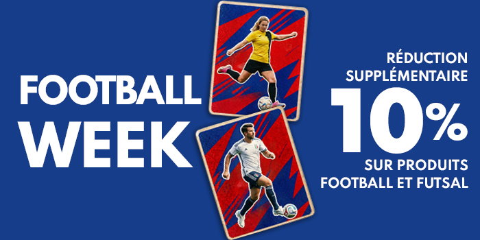 Promotional banner showing two football players on card panels beside text 'Football Week' and '10% off football and futsal products'