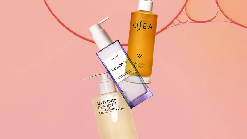 Image contains a collage of body oils for crepey skin