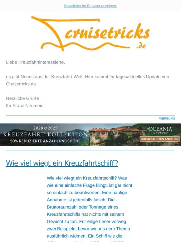 News, u.a.: "Wie viel wiegt ein Kreuzfahrtschiff?" - von cruisetricks.de