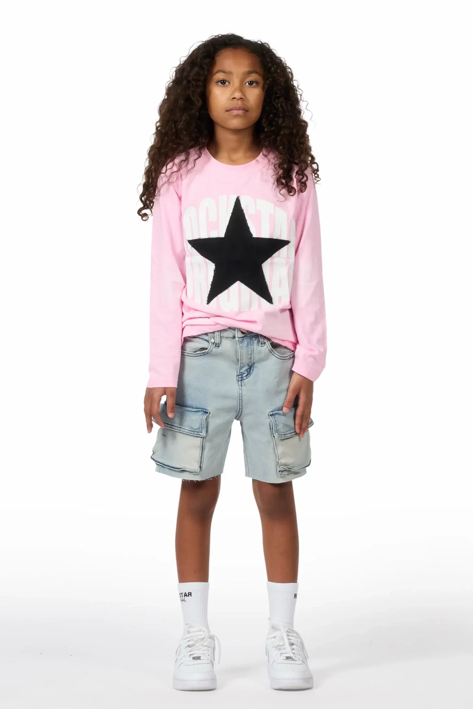 Image of Girls Vary Pink/Black Long Sleeve T-Shirt/Denim Short Set
