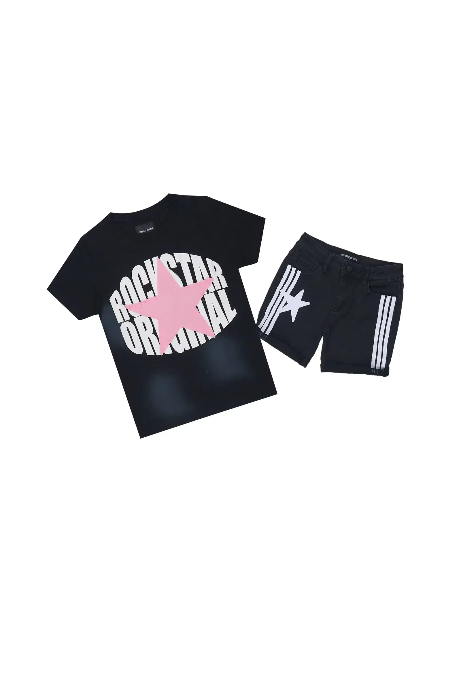 Image of Girls Jumiper Black T-Shirt/Denim Short Set