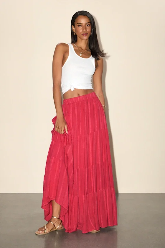 Image of Sunset by the Sea Coral Red Embroidered Tiered Maxi Skirt