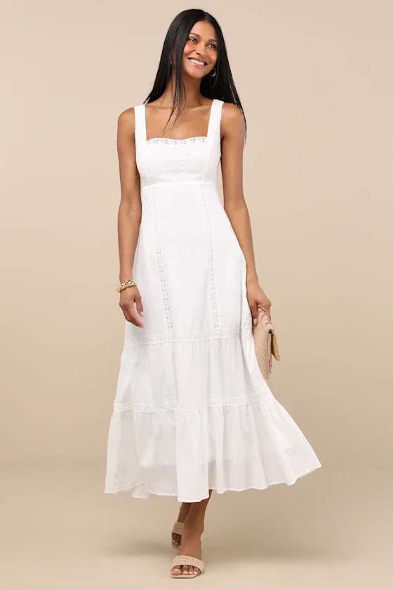 Image of Esmeray White Lace Sleeveless Tiered Midi Dress